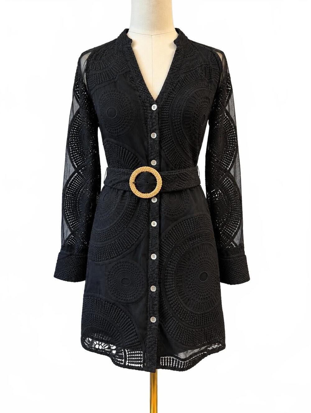 NWOT Ramy Brook Teresa Belted Embroidered Mesh Mini Dress Black XS